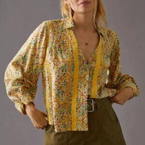 NWT Pilcro by Anthropologie Pintuck Peasant Blouse Yellow Floral Print XS